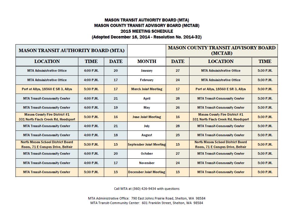 2015 Board Meeting Schedule Mason Transit