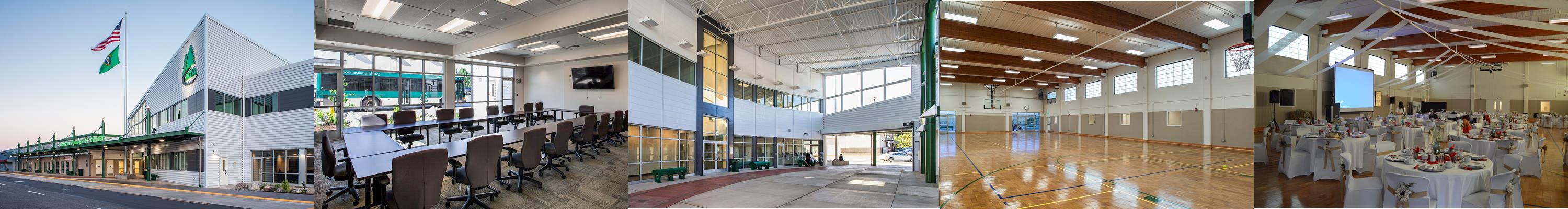 A bannar of multiple photos, five total. The first photo in the banner shows the exterior of the MTA Transit-Comnunity Center building, the second photo shows the conference room with tables and chairs set-up, the third photo shows inside the atrium, the fourth photo shows the inside of a gymnasium, the fifth photo shows the gymnasium set-up for an event with tables and chairs.